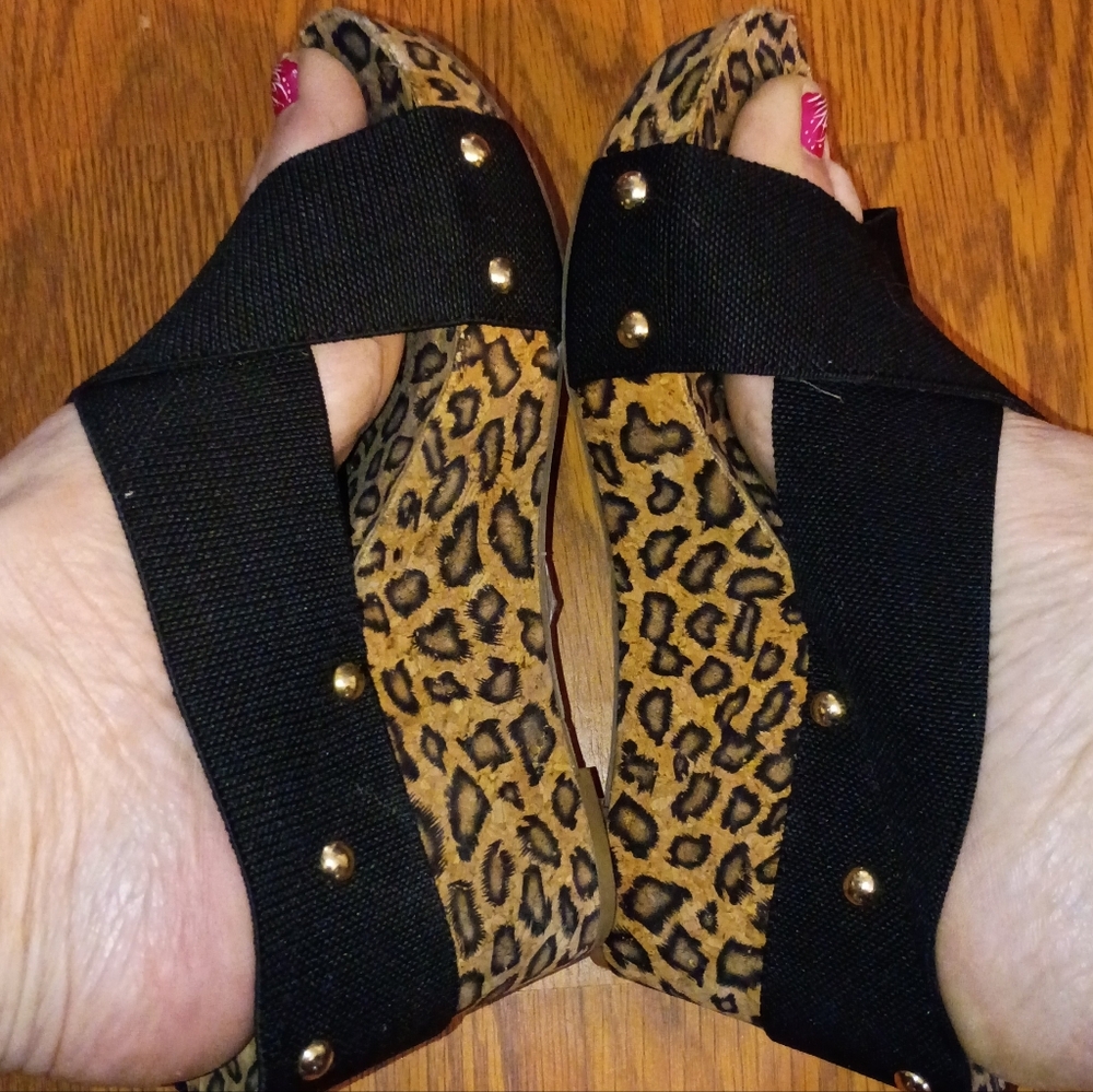 Lucky Brand Leopard Print Wedges with Black Straps#B11